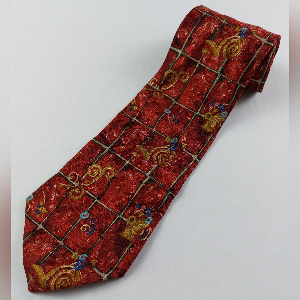 Ermenegildo Zegna 100% Silk Neck Tie Mens Size 55.5"x4" Red Pattern Windowpane